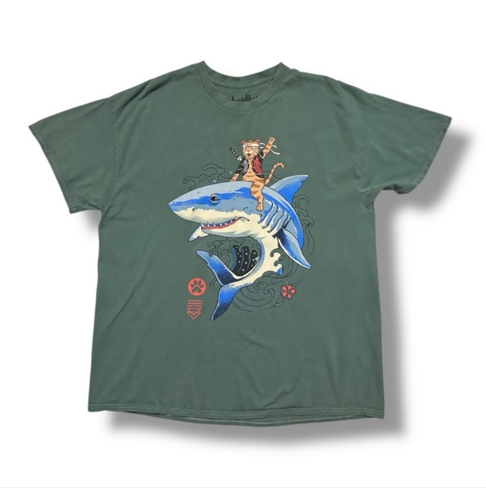 THREADLESS Green Crew Neck Short Sleeve Shirt Catana Shark